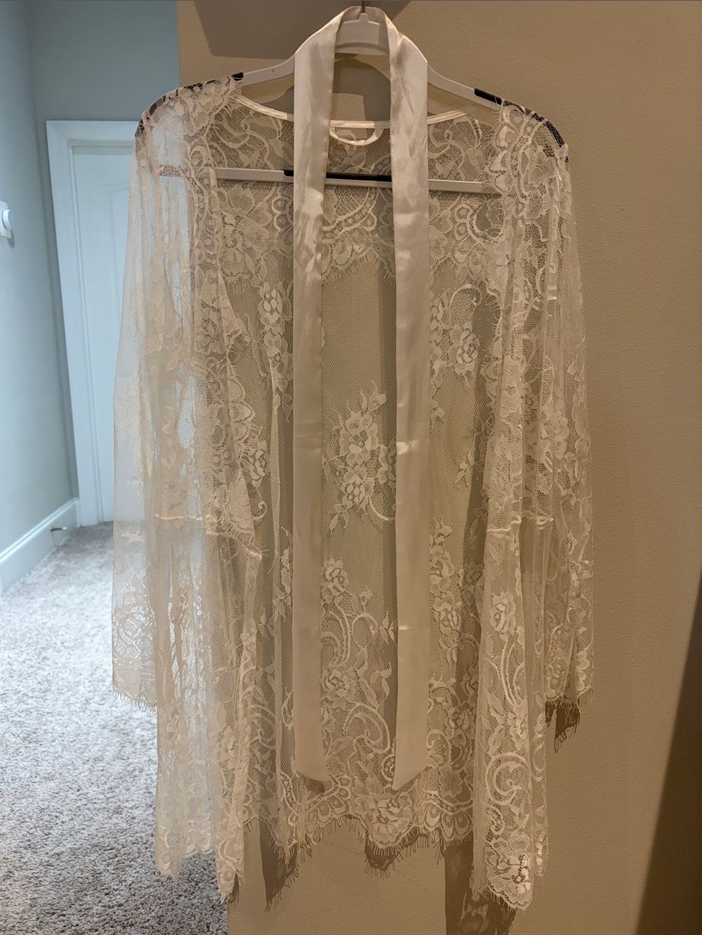 Lace Sheer Robe with Satin Tie - White